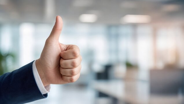 Thumbs Up in Office: A businessman gives a confident thumbs-up gesture in a modern, blurred office environment, signifying approval and success.