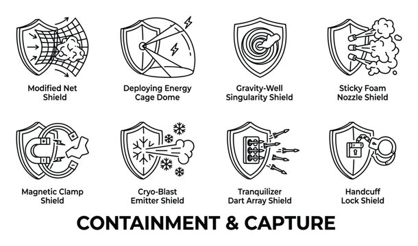 Containment and capture vector icons set modified energy cage gravity singularity sticky foam magnetic clamp cryo blast.