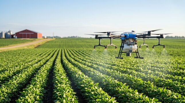 Agricultural drone spraying pesticides or fertilizer over green soybean field, precision farming technology, crop protection, modern agribusiness equipment