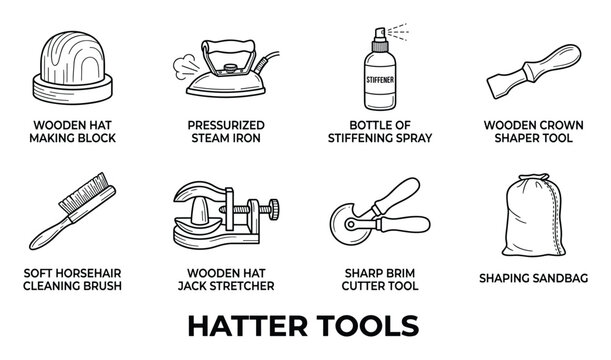 Hatter tools for hat making including wooden block steam iron stiffener spray crown shaper stretcher brush.