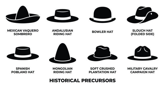 Historical precursor hat styles including sombrero riding bowler slouch spanish mongolian plantation and military.