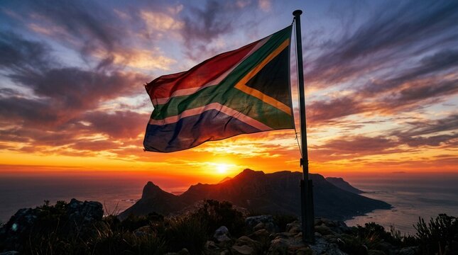 Vibrant South African flag waving on a flagpole at sunset over the dramatic mountain landscape and ocean of Cape Town with a colorful cloudy sky in the background.