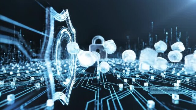 Digital shield protecting network from cyber threats, data security concept, futuristic technology background, glowing circuit board lines