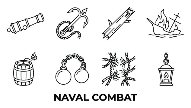 Naval combat icons cannon anchor broken mast burning ship cannonball chained balls tangled ropes lantern.