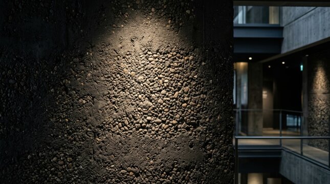Dark textured concrete wall with embedded small round pebbles illuminated by a warm spotlight inside a modern industrial building featuring glass and steel railings in the background.