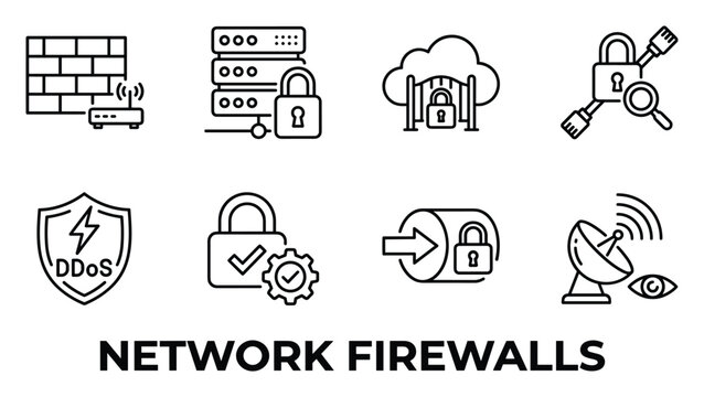Network firewall icons protect computer systems and data from cyber threats and unauthorized access.