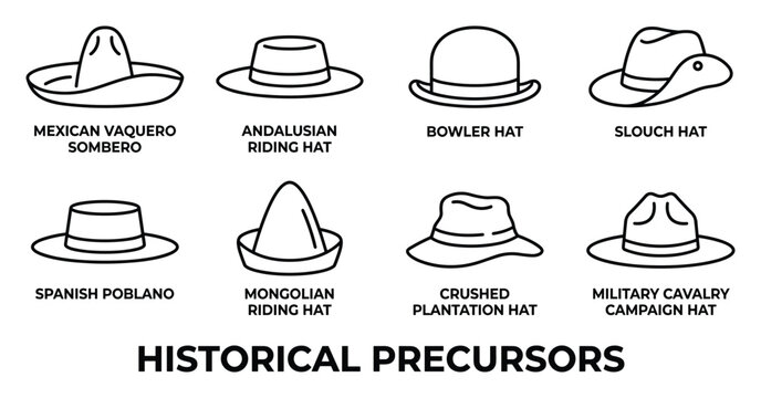 Outline drawings of historical hats sombrero riding bowler slouch spanish mongolian plantation and military campaign.