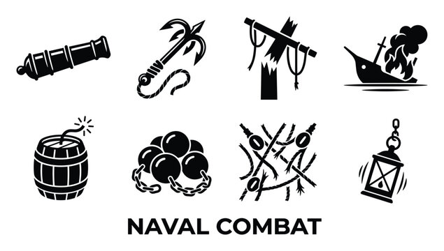 Naval combat icons cannon anchor broken mast burning ship cannonball chained balls tangled ropes lantern.