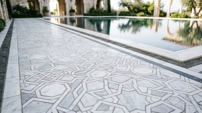 Intricate white marble mosaic floor with interlocking geometric patterns on a luxury swimming pool patio at a Mediterranean estate featuring stone columns and garden landscape.