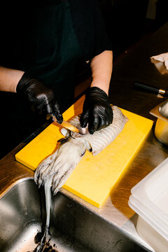 Hands of an anonymous professional chef cutting cuttlefish