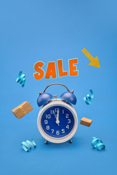 Limited time sale announcement with alarm clock and falling parcels