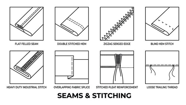 Seams and stitching techniques including flat felled double stitched zigzag serged blind hem stitch.
