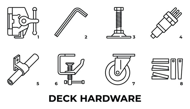 Set of eight deck hardware components for construction and repair, including clamps, casters, and fittings.