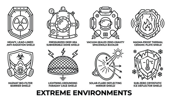 Set of extreme environment shields including radiation, deep-sea, space, thermal and bio-hazard protection.