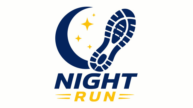 Night run graphic element with moon, stars, and shoe sole silhouette on white