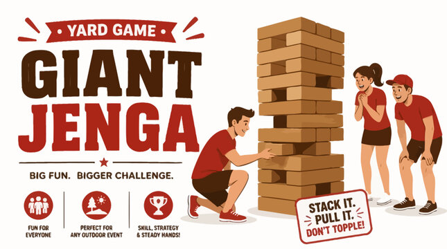 Giant Jenga yard game vector illustration with people playing, fun outdoor activity concept