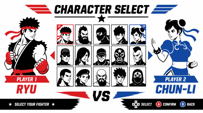 Retro fighting game character select screen with Ryu and Chun-Li, pixel art style