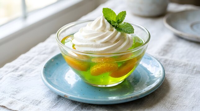 Refreshing Green Jelly with Fruit and Cream