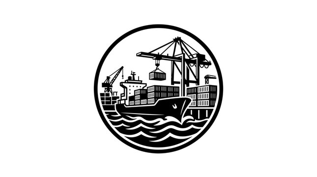 Ship in harbor with cargo cranes.