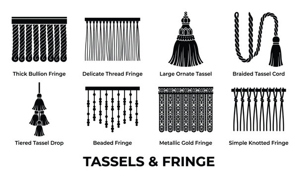 Tassels and fringe trims including bullion thread ornate tassel cord beaded metallic and knotted styles.