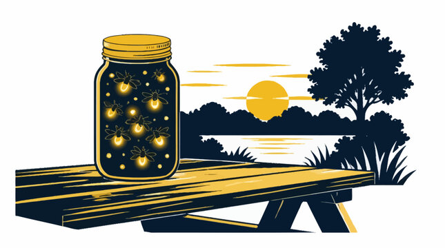 Fireflies in jar on picnic table at sunset, vector illustration