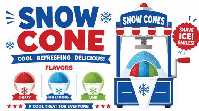 Cool snow cone stand with flavors and shaved ice machine, vector illustration