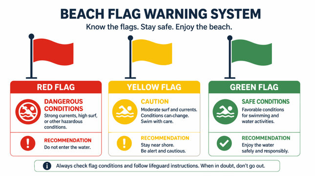 Beach safety flag warning system illustration with red, yellow, and green flags explaining conditions and recommendations.