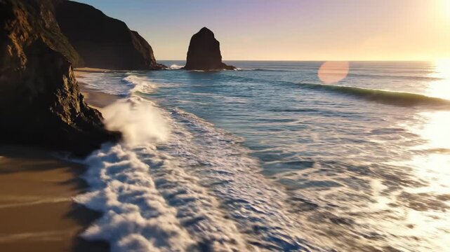 Golden hour sunset over dramatic rocky coastline, ocean waves crashing on sandy beach, natural scenic beauty