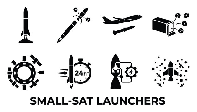 Various small satellite launcher designs including rockets, airplane deployment, and orbital station.
