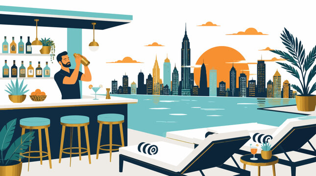 Flat design bar scene with bartender shaking cocktails by poolside overlooking city skyline at sunset