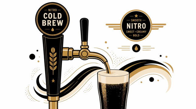 Nitro cold brew coffee tap pouring into glass, vintage style graphic element