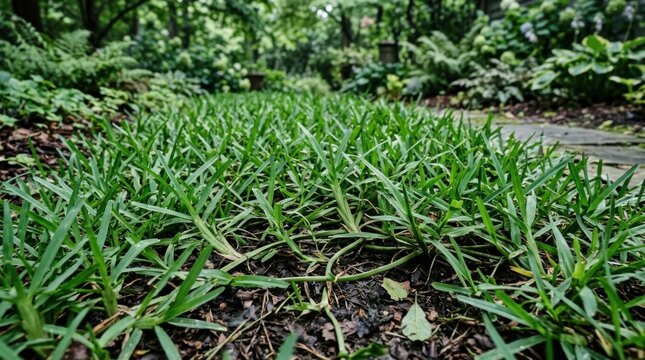 Close-up low-angle view of St. Augustine grass with characteristic wide blades and stolons growing in a lush residential garden with ferns and hostas in the background.