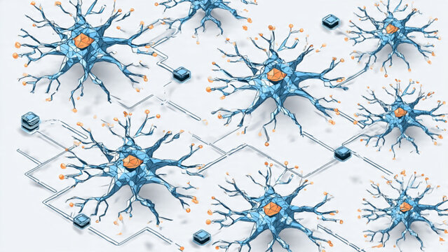 Detailed illustration of neural network neurons interconnected with vibrant orange and blue colors