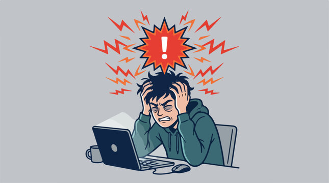 Frustrated man with laptop stress.