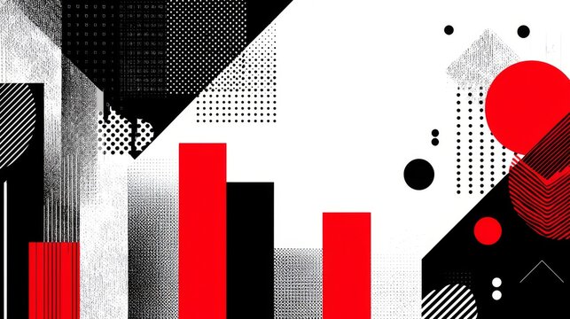 Abstract Geometric Shapes Composition Featuring Red, Black, and White Elements with Diverse Patterns and Textures for Modern Design Projects