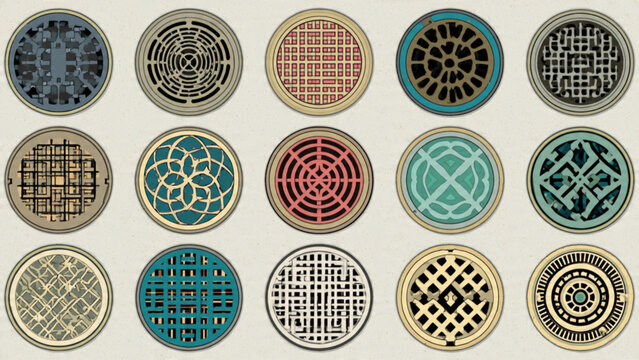 Colorful Circular Manhole Covers with Geometric Patterns for Urban Infrastructure and City Design