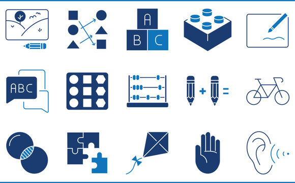 A set of icons related to Preschool Activities. Play, draw, add, scribble, building blocks, abacus, cycling, read, and so on.
