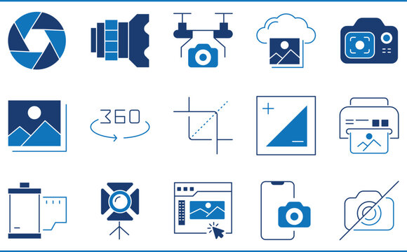 A set of icons related to Photography. Photo, camera, edit, focus, no camera, 360, lens, and so on.