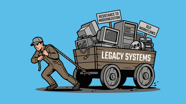 Man pushing old computer cart.