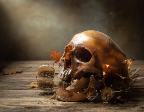 A weathered anatomical human skull wrapped in dried thistle and brown autumn leaves.