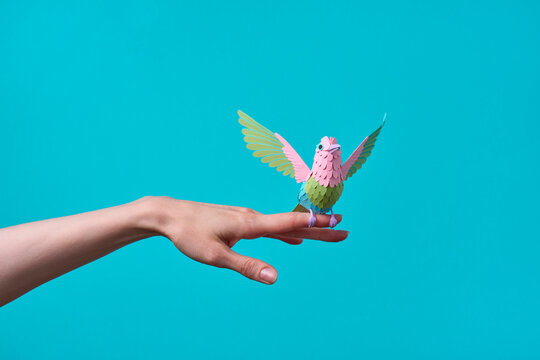 Paper hummingbird on palm, turquoise background
