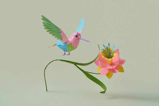 Paper hummingbird and flower, horizontal copy space