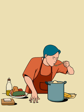 Chef tasting food from pot in kitchen