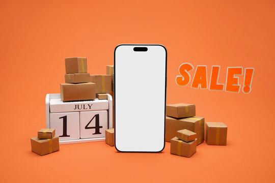 Online shopping sale event with delivery boxes and calendar on orange
