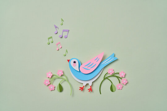 Paper spring craft bird sing with music