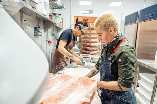 Bakers preparing dough in commercial kitchen bakery