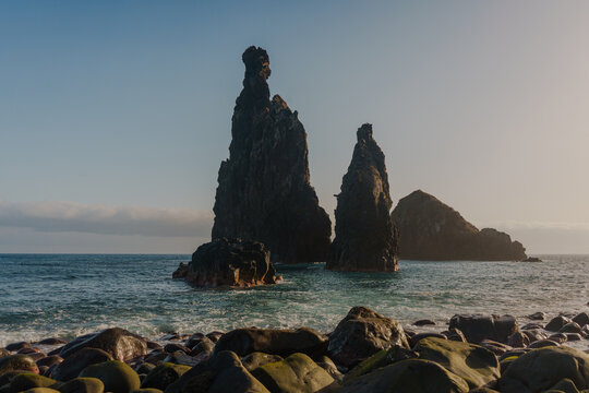Dark volcanic sea stacks in Madeira, Portugal
