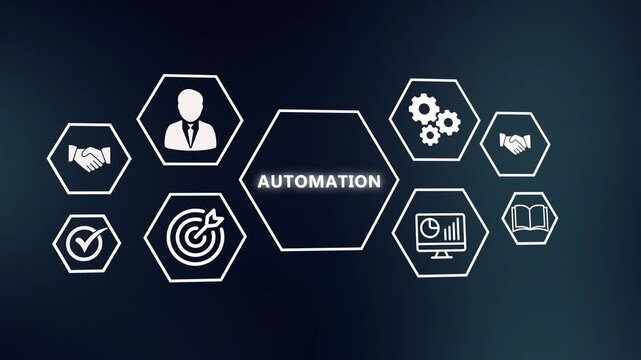 Smart Industrial Automation and Autonomous System Framework. Hexagonal Digital Interface Animating Robotic Process Control, AI Optimization, and Hands-Free Workflow.