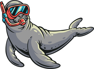 Playful cartoon seal wearing a red snorkel mask and breathing tube, swimming forward with gray flippers and curved tail, isolated on white © Galih