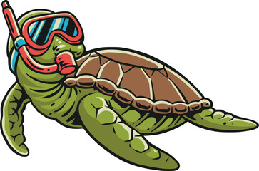 Playful cartoon sea turtle wearing a red snorkel mask and breathing tube, swimming forward with green flippers and brown shell, isolated on white © Galih